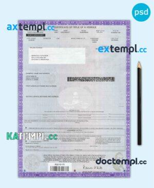 USA state Illinois certificate of title of a vehicle (car title) template in PSD format, fully editable