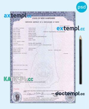 sample USA state New Hampshire death certificate template in PSD format, fully editable download