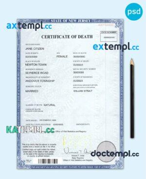 sample USA state New Jersey death certificate template in PSD format, fully editable download