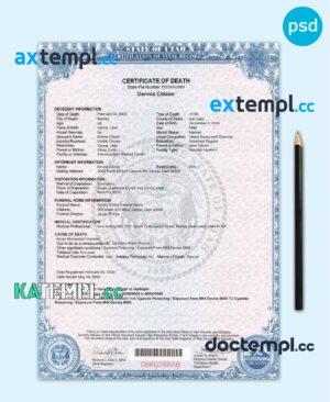 sample USA state Utah death certificate template in PSD format, fully editable download