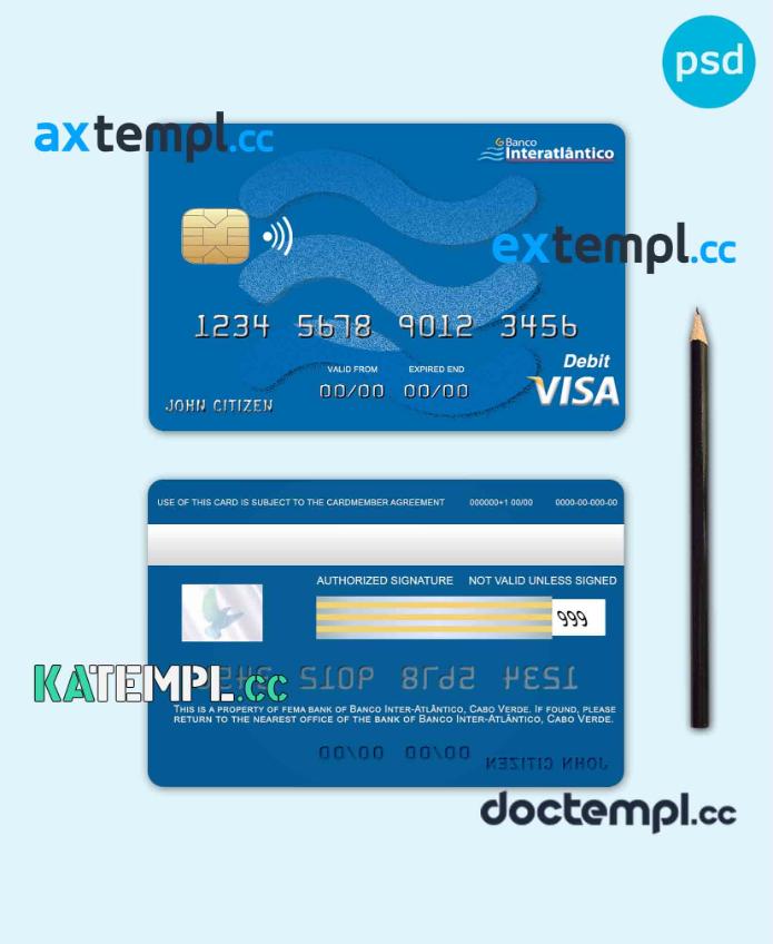 sample Cabo Verde Banco Inter-Atlântico bank visa credit card template in PSD format, fully editable download