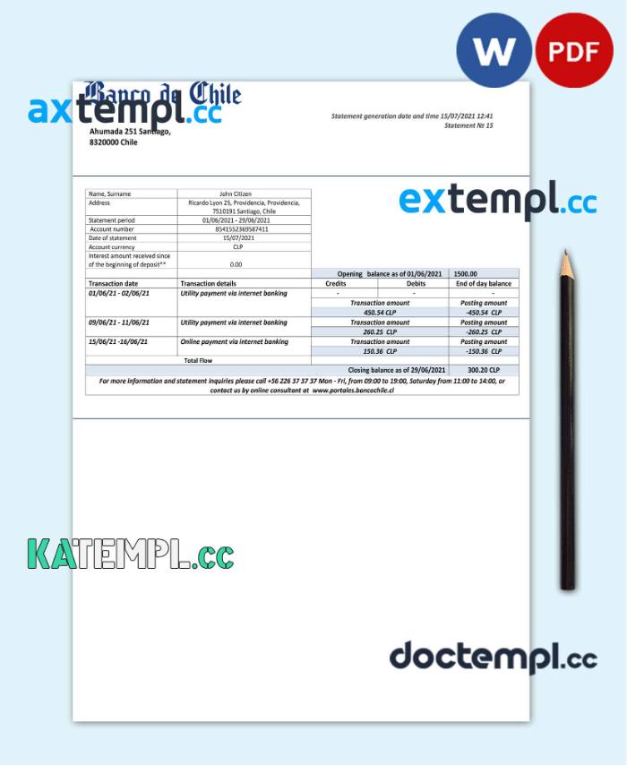 sample Chile Banco de Chile bank statement template in Word and PDF format download