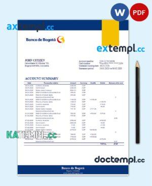 sample Colombia Banco de Bogotá bank statement template in Word and PDF format download