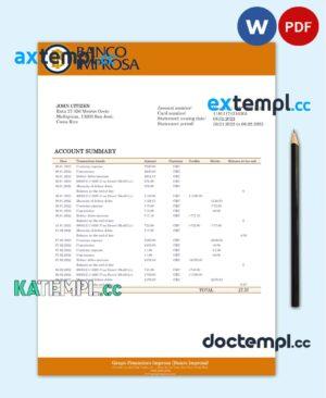 sample Costa Rica Banco Improsa bank statement template in Word and PDF format download
