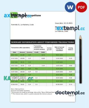 sample Cuba Banco Metropolitano bank proof of address statement template in Word and PDF format download