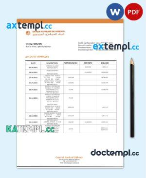 sample Djibouti Central Bank of Djibouti bank statement template in Word and PDF format download