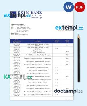 sample Djibouti Exim bank statement template in Word and PDF format download