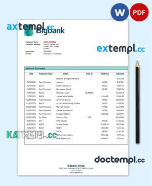 sample Estonia Bigbank proof of address bank statement template in Word and PDF format,(.doc and .pdf) download