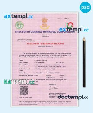 sample Indian death certificate template in PSD format, fully editable download