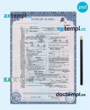 sample USA Alaska state death certificate template in PSD format, fully editable download