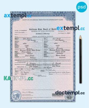 sample USA California Marriage Certificate template in PSD format download