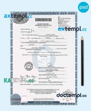 sample USA Nevada state marriage certificate template in PSD format, fully editable download