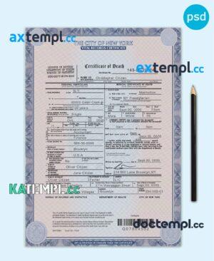 sample USA New York state death certificate template in PSD format, fully editable download