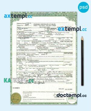 sample USA South Carolina state death certificate template in PSD format, fully editable download