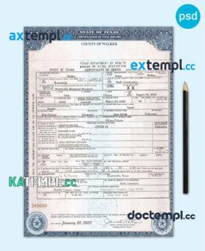 sample USA Texas state death certificate template in PSD format, fully editable download
