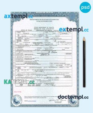 sample USA Texas state death certificate template in PSD format, version 2 download