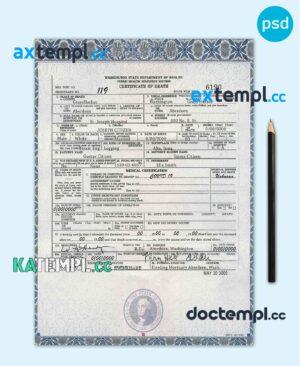 sample USA Washington state death certificate template in PSD format, fully editable download