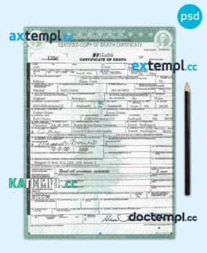 sample USA Washington state death certificate template in PSD format, version 2 download