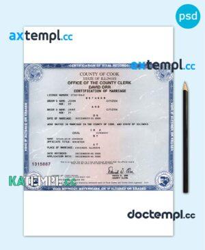 sample USA state Illinois marriage certificate template in PSD format, fully editable download