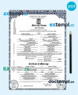 sample USA state Michigan Kent County marriage certificate template in PSD format, fully editable download