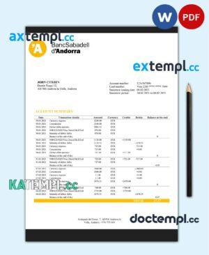 sample Andorra BancSabadell d'Andorra bank statement template in Word and PDF format download