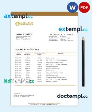 sample Antigua and Barbuda Global Bank of Commerce bank statement template in Word and PDF format download