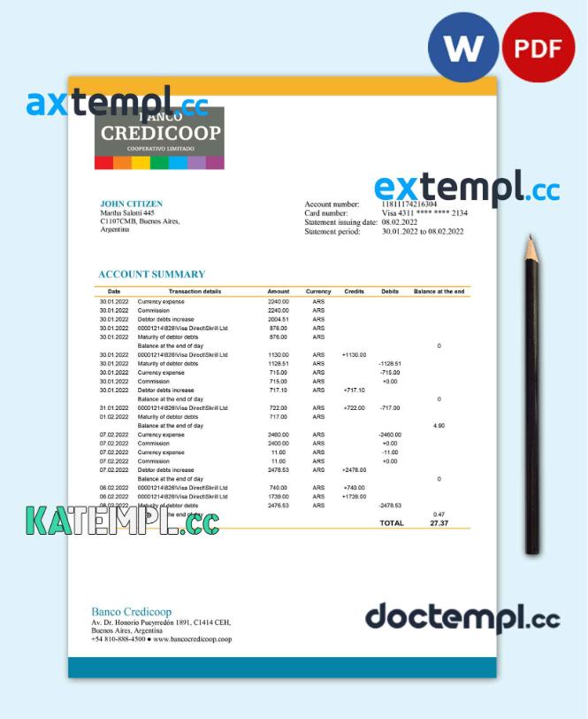 sample Argentina Banco Credicoop bank statement template in Word and PDF format download