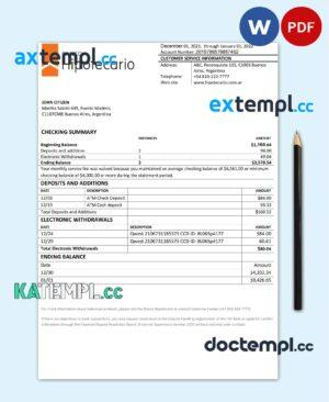 sample Argentina Banco Hipotecario bank statement template in Word and PDF format download