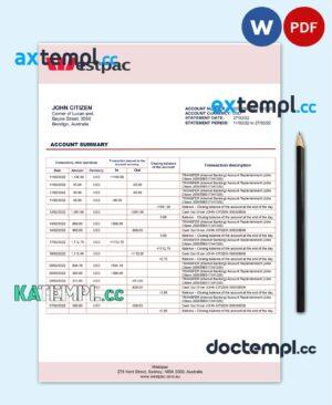 sample Australia Westpac bank statement template in Word and PDF format download