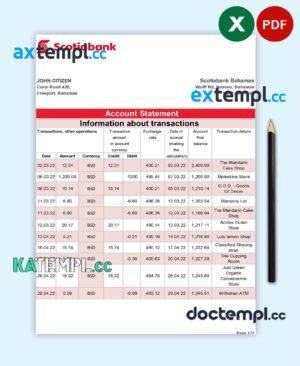 sample Bahamas Scotiabank bank statement template in Excel and PDF format download
