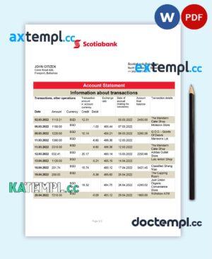 sample Bahamas Scotiabank bank statement in Word and PDF format, fully editable download