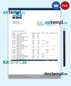 sample Belgium KBC bank statement template in Word and PDF format download