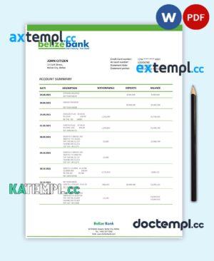 sample Belize bank statement template in Word and PDF format download