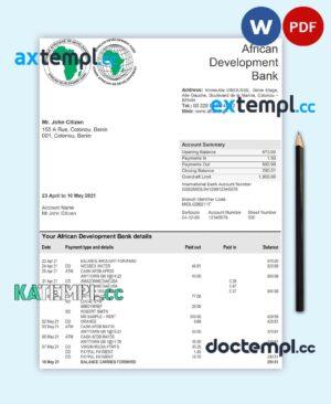 sample Benin African Development bank statement template in Word and PDF format download