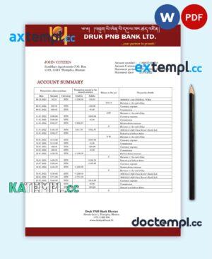 sample Bhutan Druk PNB bank statement template in Word and PDF format download
