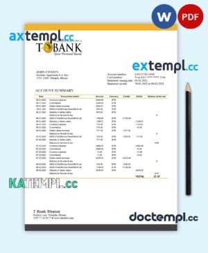 sample Bhutan T bank statement template in Word and PDF format download