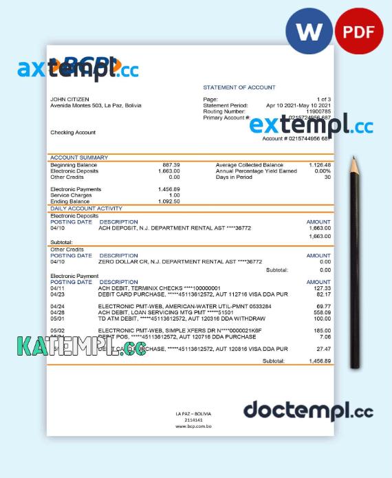 sample Bolivia banco de crédito de bolivia bank statement template in Word and PDF format download