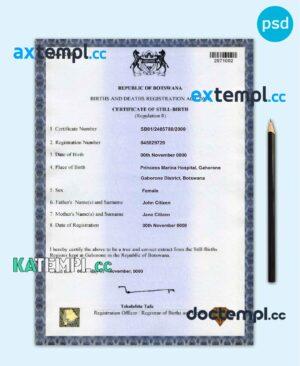 sample Botswana birth certificate template in PSD format, fully editable download