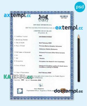 sample Botswana death certificate template in PSD format, fully editable download