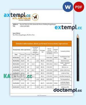 sample Burkina Faso Banque Atlantique bank statement template in Word and PDF format download