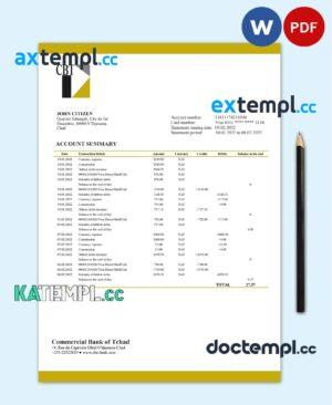 sample Chad Commercial Bank of Tchad bank statement template in Word and PDF format download