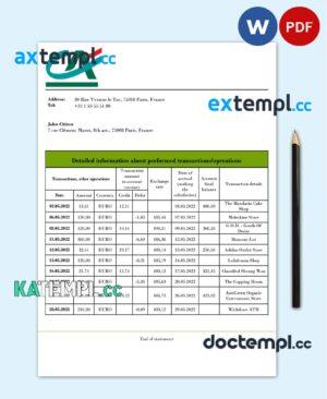 sample France Credite Agricole bank statement template in Word and PDF (.doc and .pdf) format download