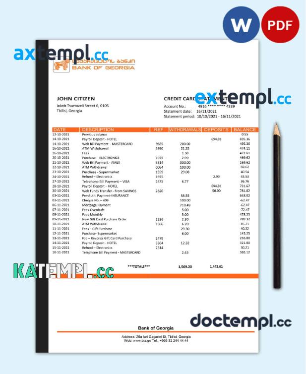 sample Georgia Bank of Georgia proof of address statement template in Word and PDF format, fully editable download