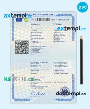 sample Germany birth certificate template in PSD format, fully editable download