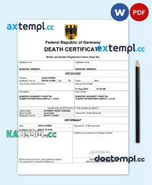 sample Germany death certificate Word and PDF template, completely editable download