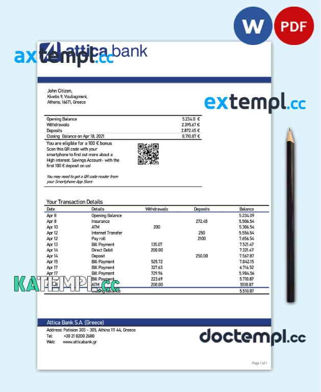 sample Greece Attica proof of address bank statement template in Word and PDF format, .doc and .pdf format download