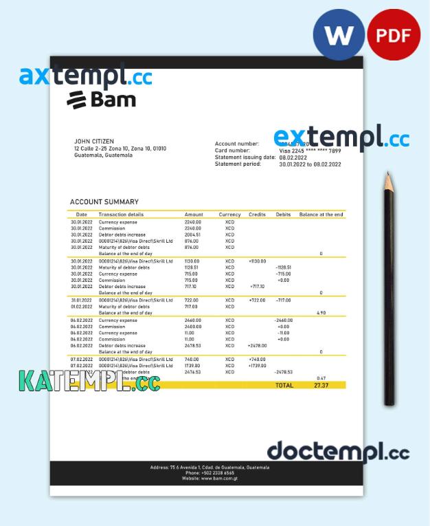 sample Guatemala Agromercantil proof of address bank statement template in Word and PDF format (.doc and .pdf) download