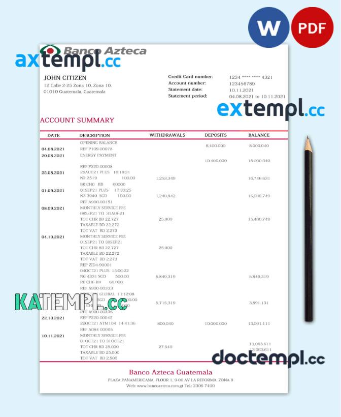 sample Guatemala Azteca proof of address bank statement template in Word and PDF format (.doc and download