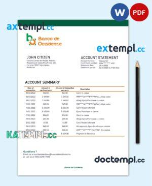 sample Honduras Banco de Occidente Bank statement template in Word and PDF format download