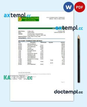 sample India Punjab and Sind Bank statement template in Word and PDF format download